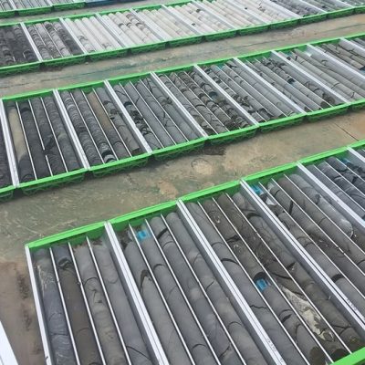 Rows of HQ size core trays awaiting logging on site.
